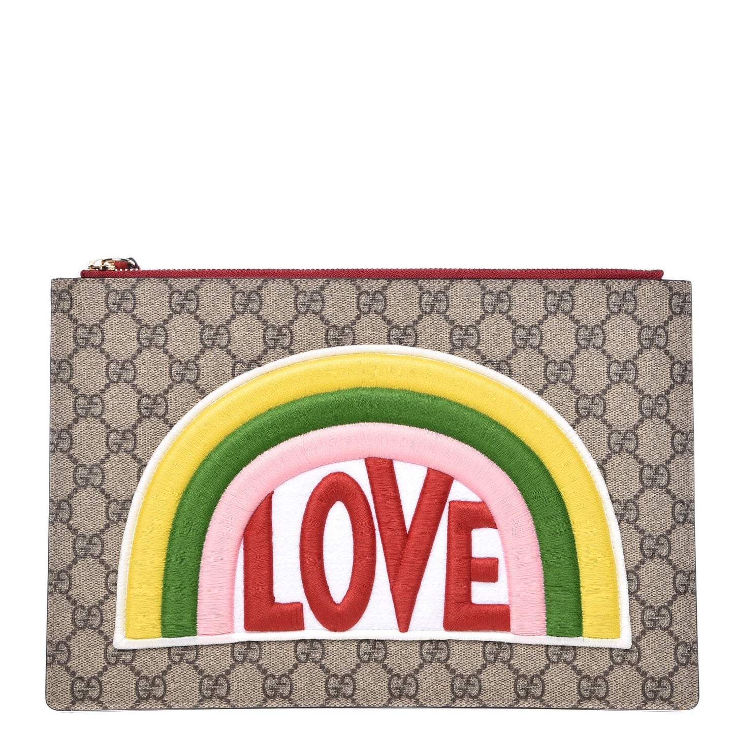 Calfskin GG Supreme Monogram Embroidered Rainbow Love Zip Pouch Red