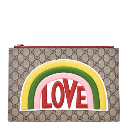 Gucci Calfskin GG Supreme Monogram Embroidered Rainbow Love Zip Pouch Red 1 of 10