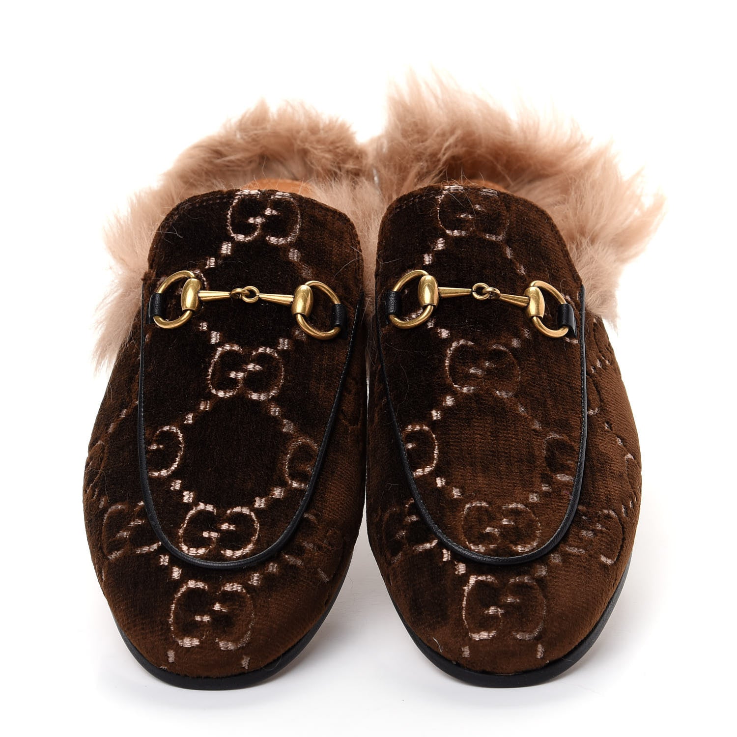 Gucci Velvet GG Monogram Fur Womens Princetown Slippers 37 Brown Black Natural 5 of 10