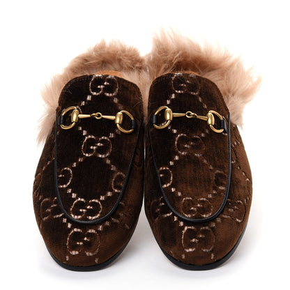 Gucci Velvet GG Monogram Fur Womens Princetown Slippers 37 Brown Black Natural 5 of 10