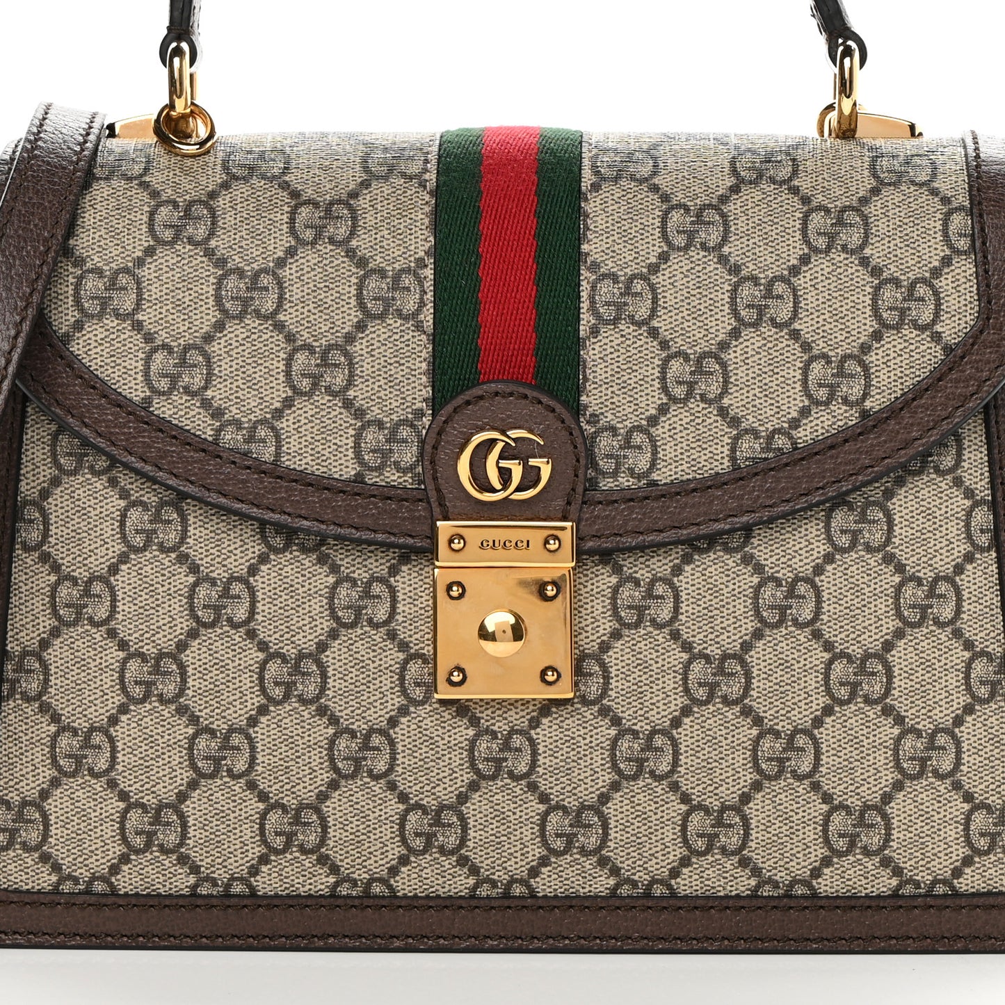 GG Supreme Monogram Textured Dollar Calfskin Web Small Ophidia Padlock Top Handle Bag Beige Ebony New Acero