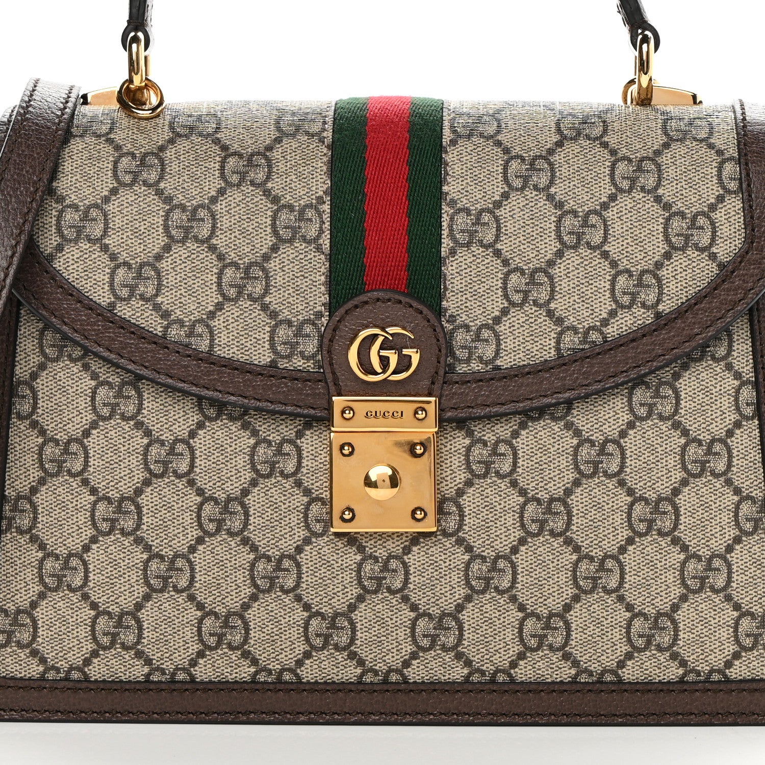 Gucci GG Supreme Monogram Textured Dollar Calfskin Web Small Ophidia Padlock Top Handle Bag Beige Ebony New Acero 8 of 10