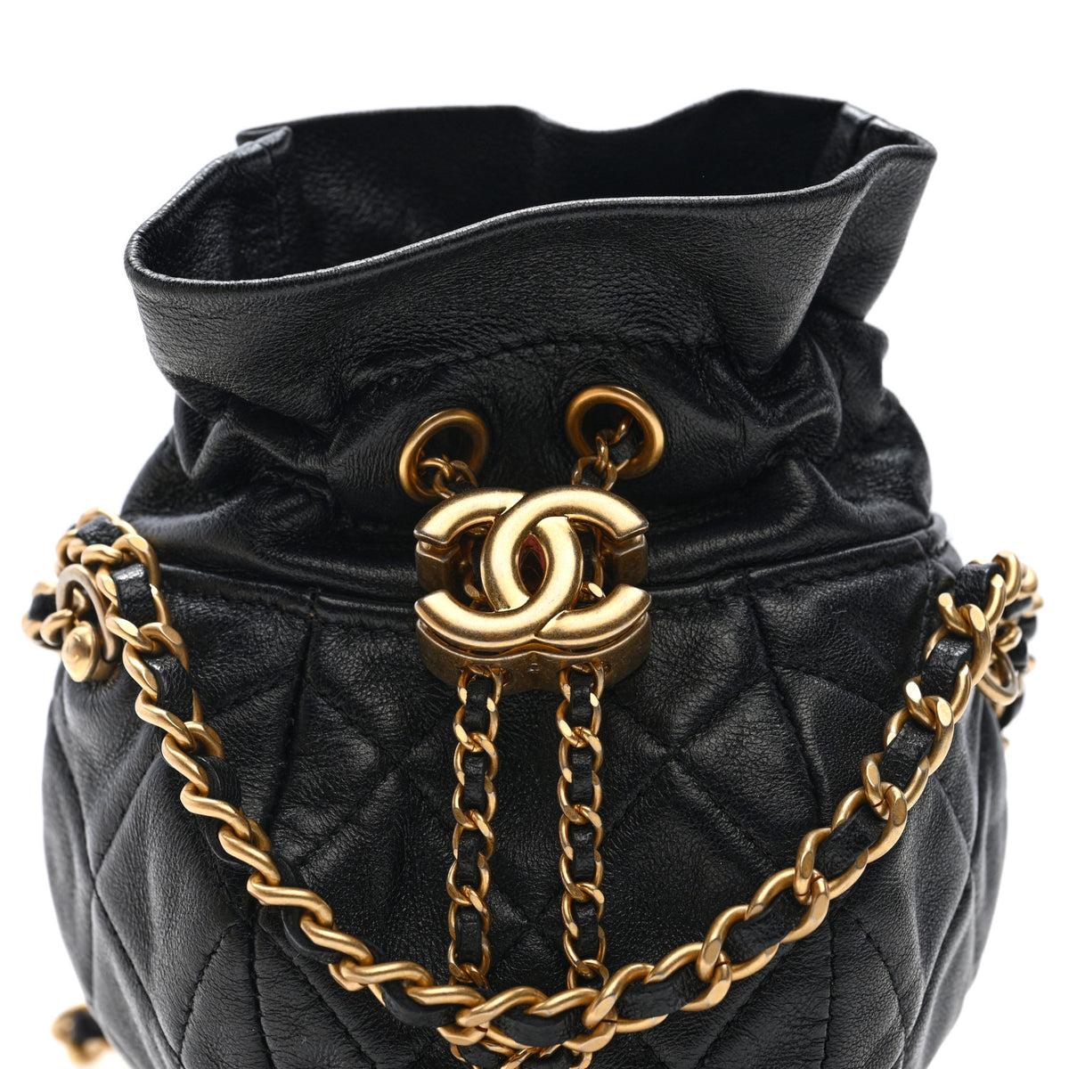 Chanel Shiny Lambskin Quilted Mini Drawstring CC Bucket Bag Black 7 of 10