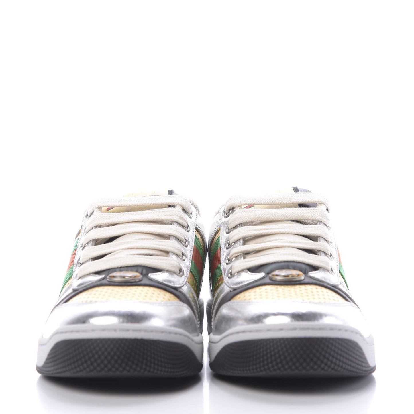 Metallic Calfskin Web Womens Screener Sneakers 35 Silver Gold Black