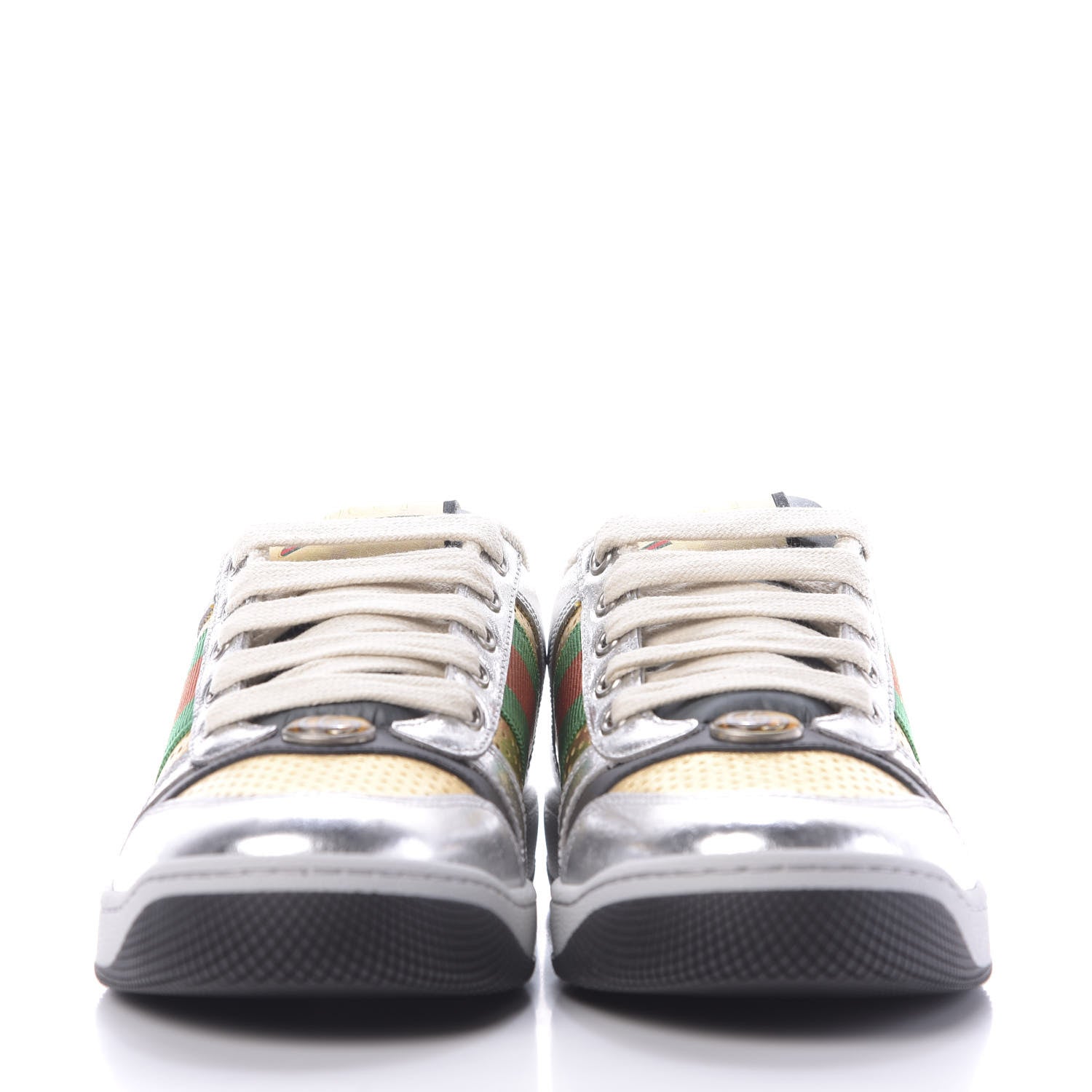 Gucci Metallic Calfskin Web Womens Screener Sneakers 35 Silver Gold Black 2 of 10