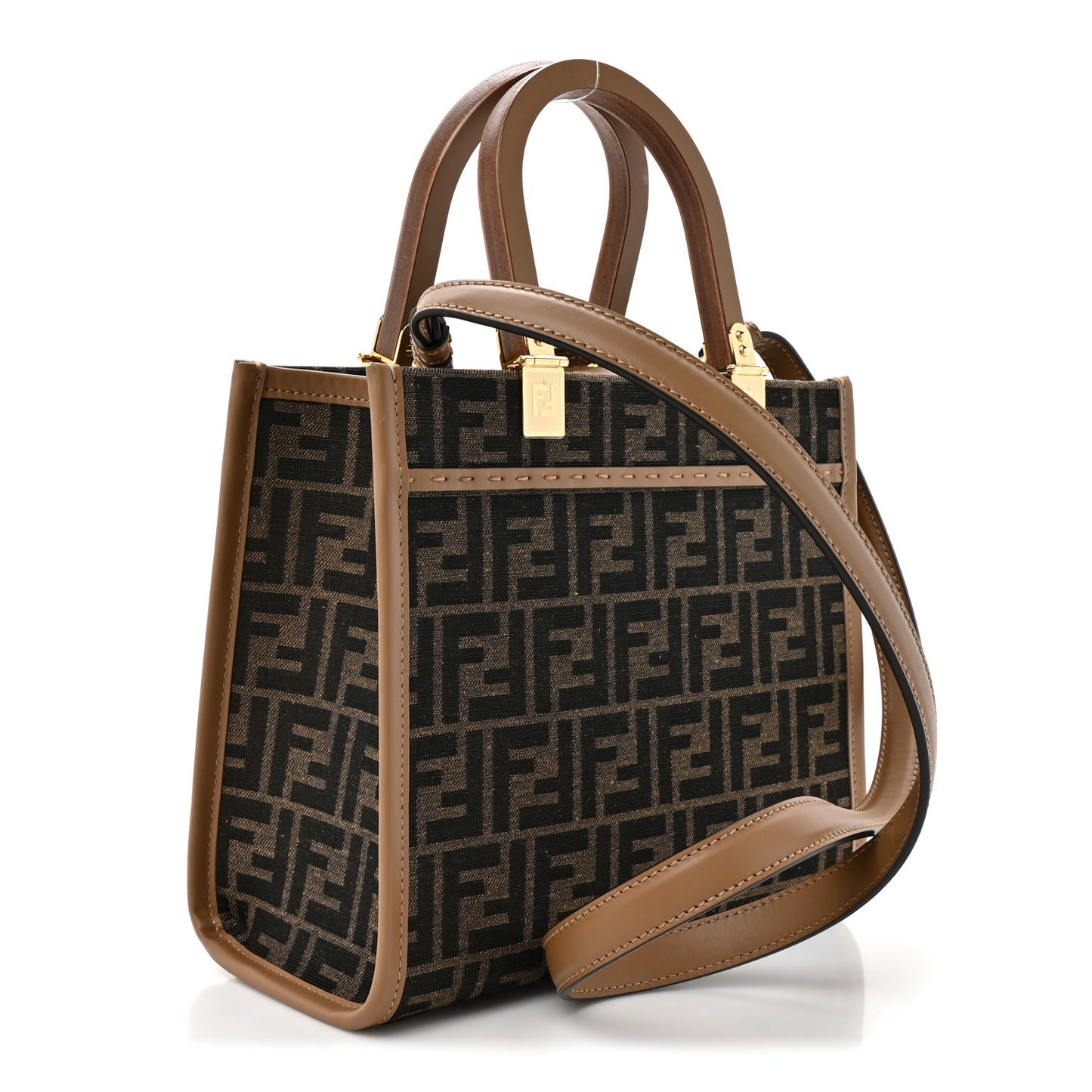 Fabric Jacquard FF 1974 Logo Small Fendi Sunshine Shopper Tote Tobacco Moro Sand