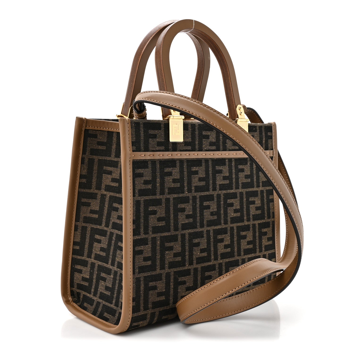 Fendi Fabric Jacquard FF 1974 Logo Small Fendi Sunshine Shopper Tote Tobacco Moro Sand 3 of 11
