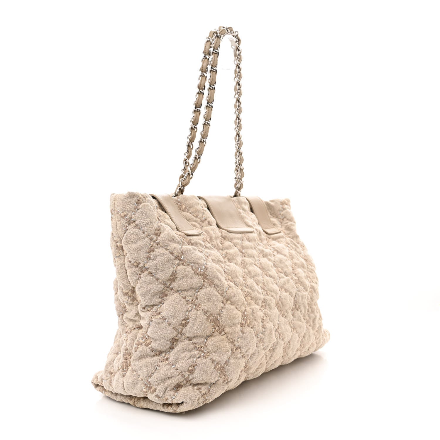 Chanel Canvas Quilted Tweed Stitch Bubble Shopping Tote Beige 3 of 10
