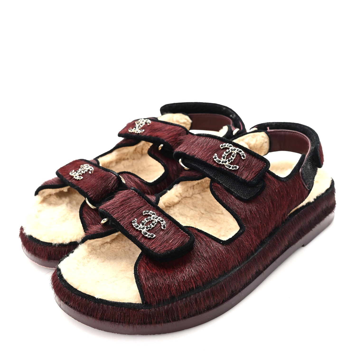 Chanel Calf Hair Suede Shearling Dad Sandals 37.5 Burgundy Black 4 of 9
