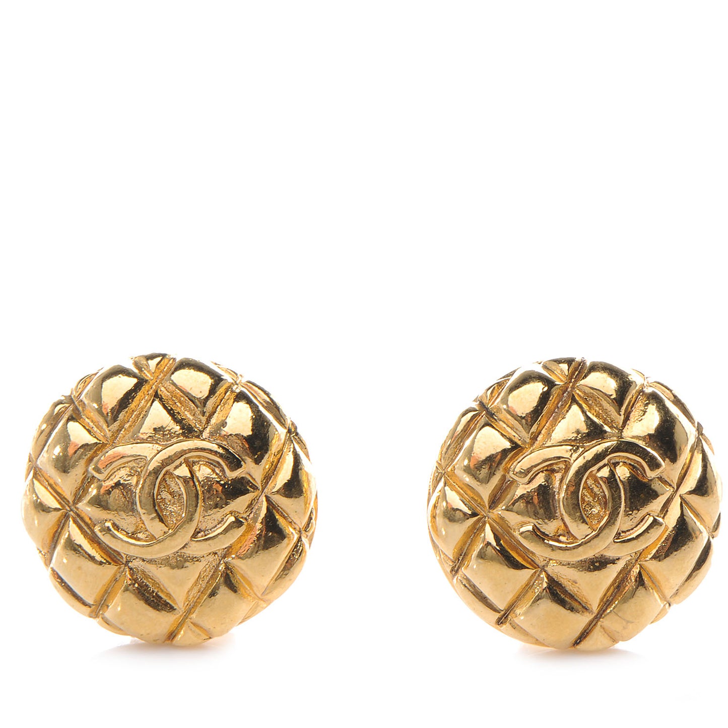 Metal Quilted CC Round Clip On Earrings Gold