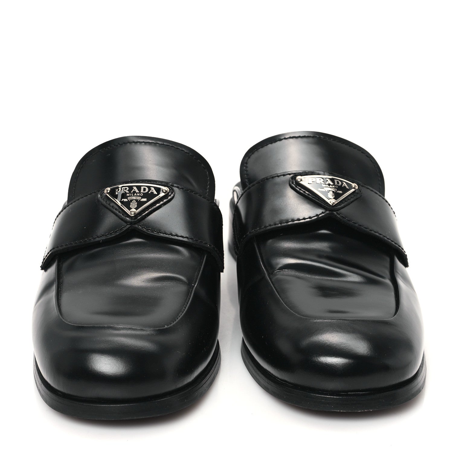 Prada City Calfskin Metal Triangle Logo 20mm Flat Mules 37 Black 3 of 9