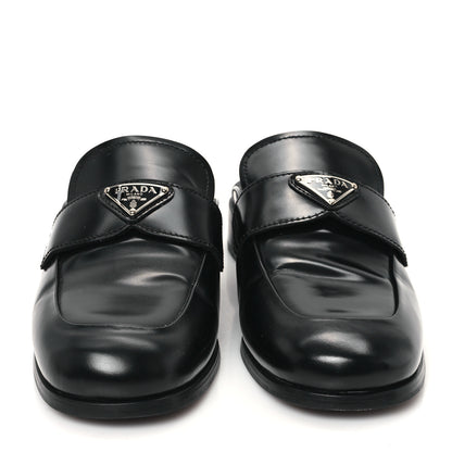 Prada City Calfskin Metal Triangle Logo 20mm Flat Mules 37 Black 3 of 9