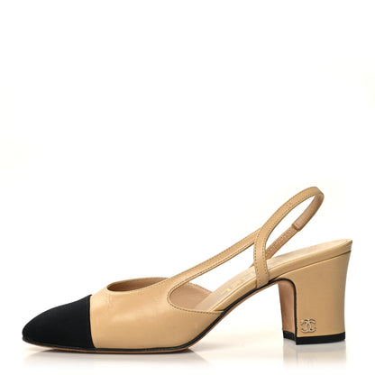 Chanel Goatskin Grosgrain Cap Toe CC Slingback Pumps 35.5 Beige Black 1 of 12