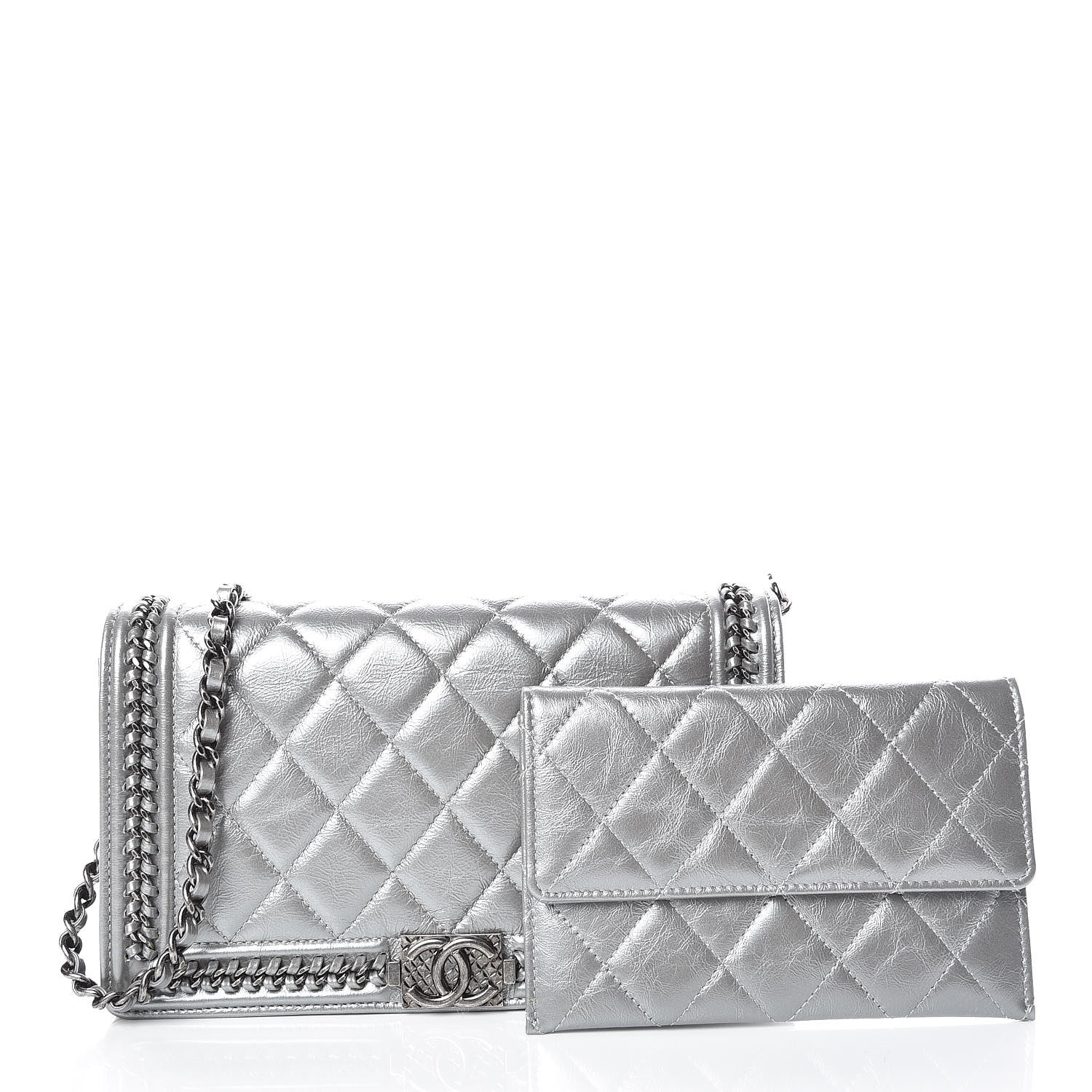 Chanel Metallic Calfskin Quilted Chain Around Boy Wallet On Removable Chain WOC Silver 3 of 11