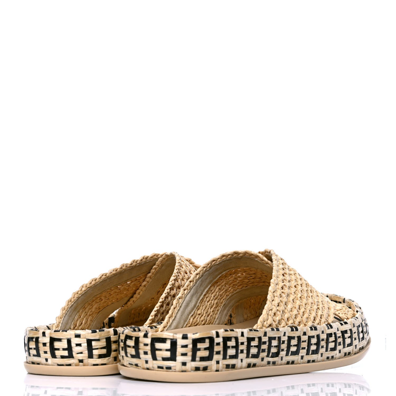 Fendi Raffia FF Woven Reflections Crisscross Slide Sandals 37 Naturale Black 3 of 4
