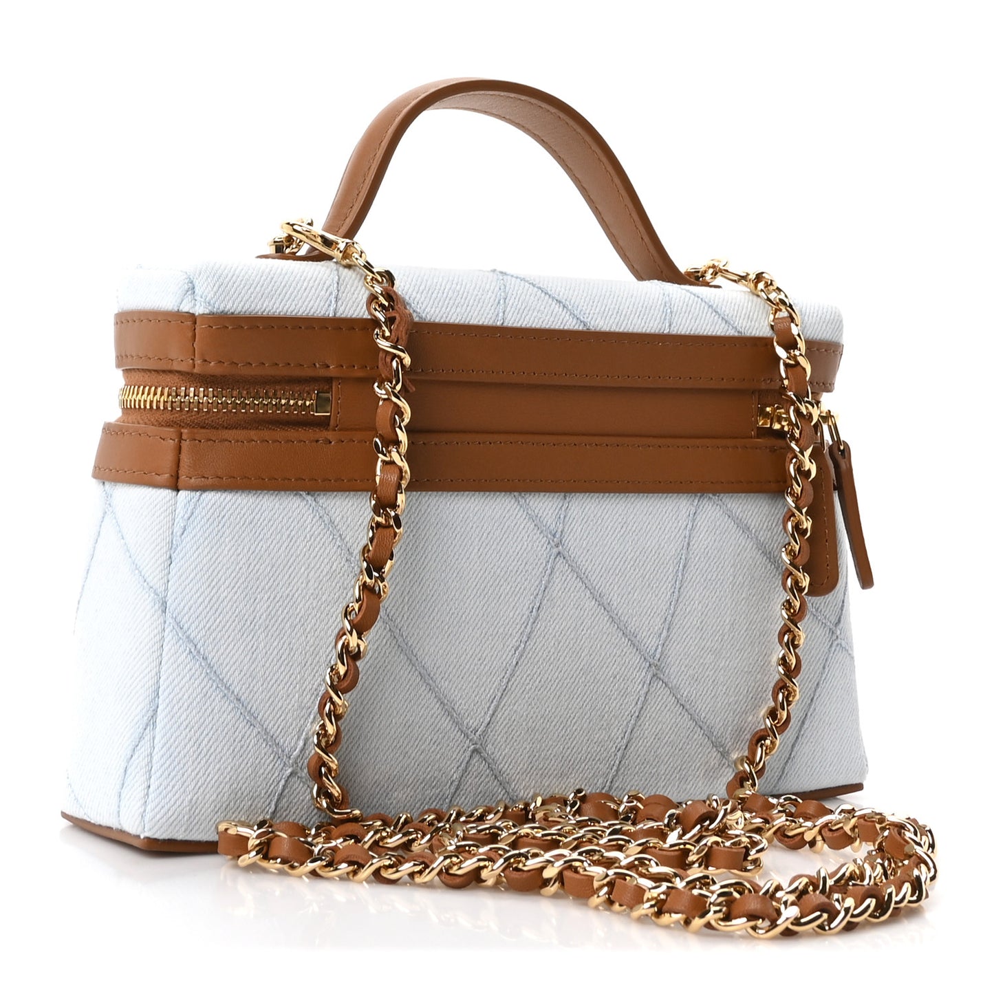 Washed Denim Calfskin Quilted Top Handle Slim Vanity Case With Chain Blue Brown