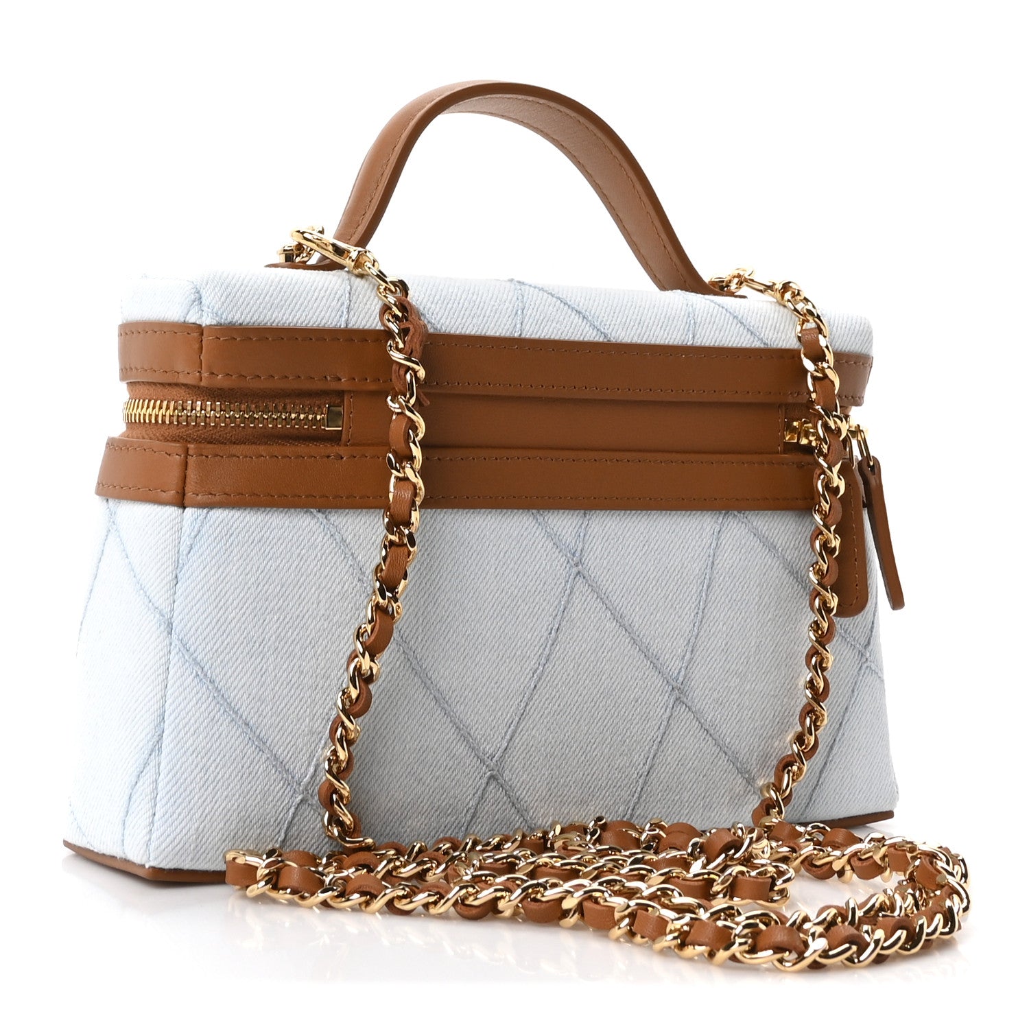 Chanel Washed Denim Calfskin Quilted Top Handle Slim Vanity Case With Chain Blue Brown 3 of 11