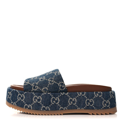 Gucci New Denim GG Monogram Angelina Platform 55mm Slide Sandals 36 Blue Tea 1 of 9