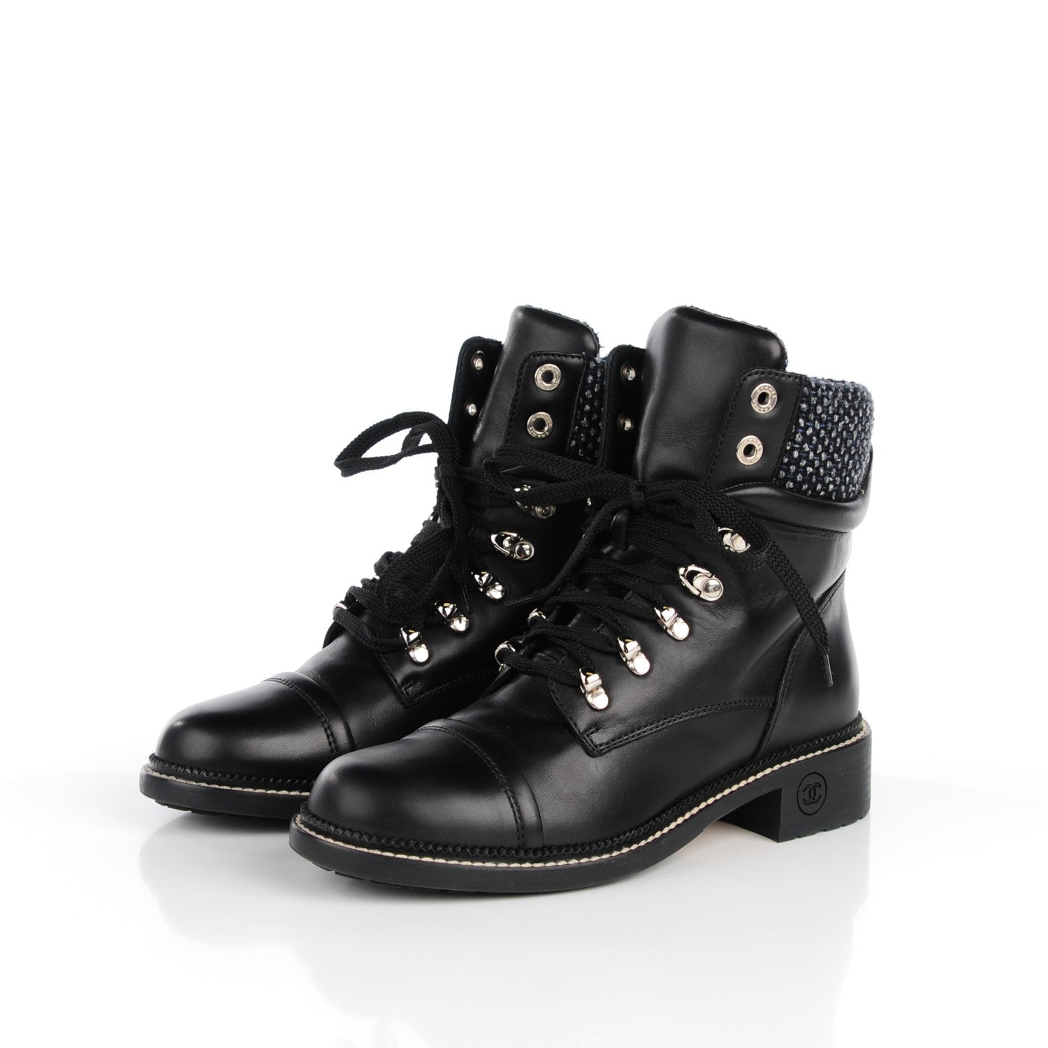 Chanel Calfskin Wool Combat Boots 40 Black 3 of 9