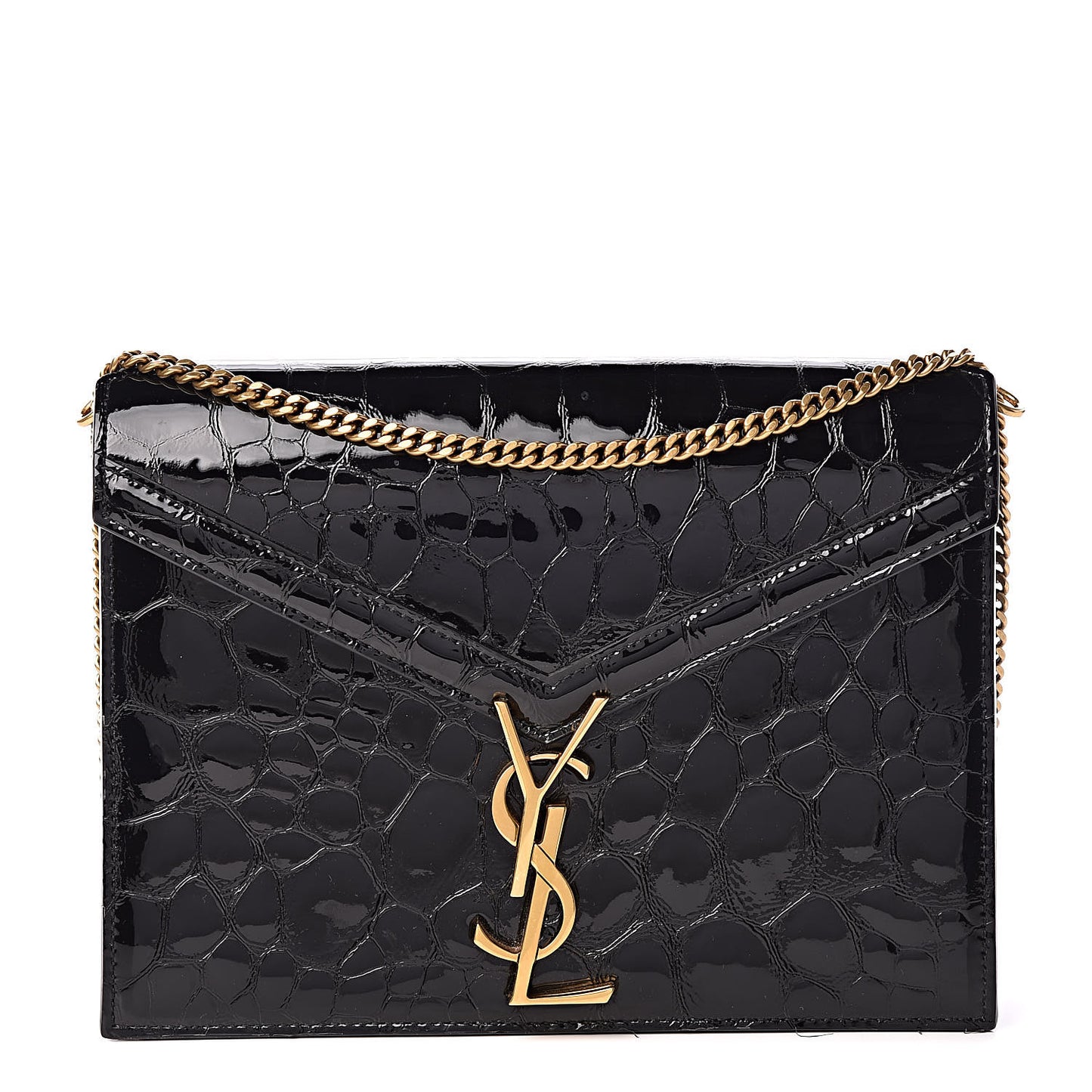 Patent Turtle Embossed Monogram Cassandra Clasp Bag Black