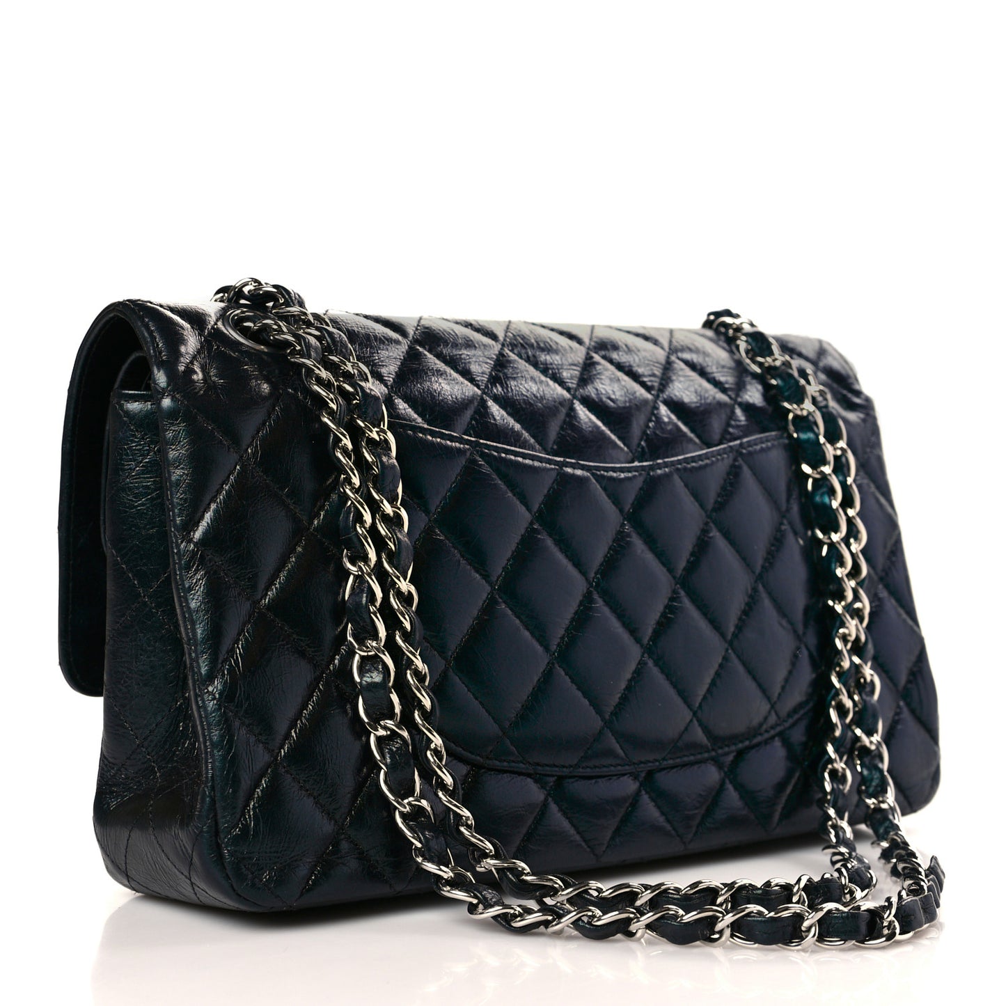 Iridescent Crumpled Calfskin Quilted Medium Double Flap Dark Green