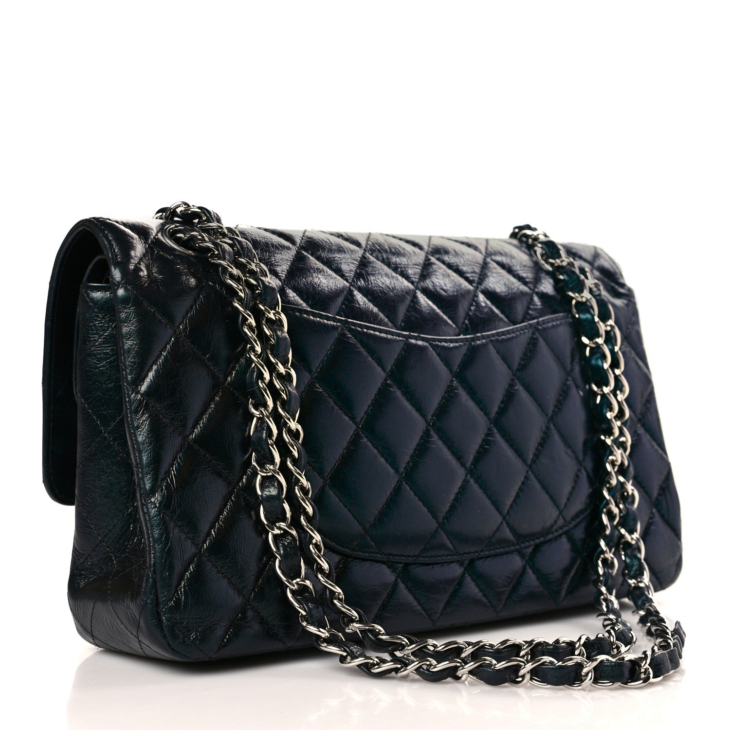 Chanel Iridescent Crumpled Calfskin Quilted Medium Double Flap Dark Green 3 of 9
