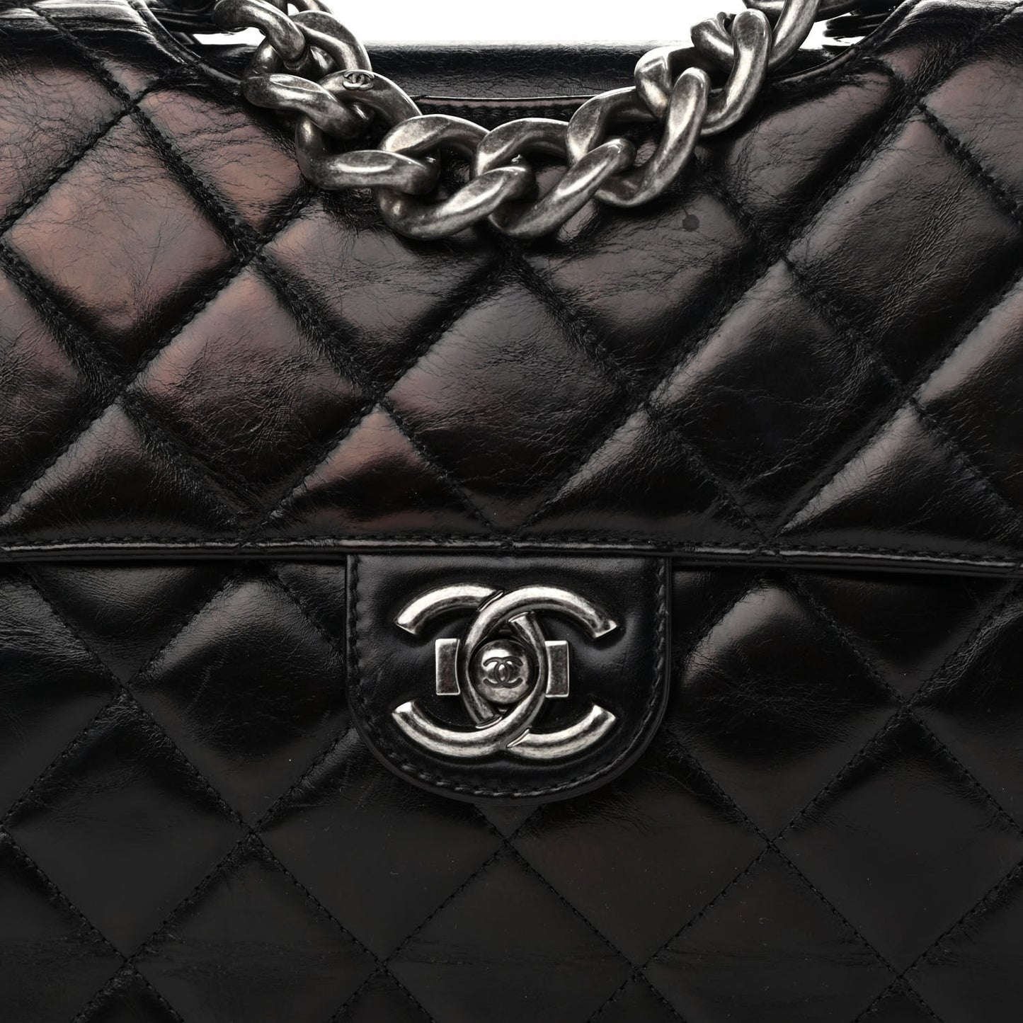 Glazed Calfskin Quilted Large Perfect Edge Flap Black