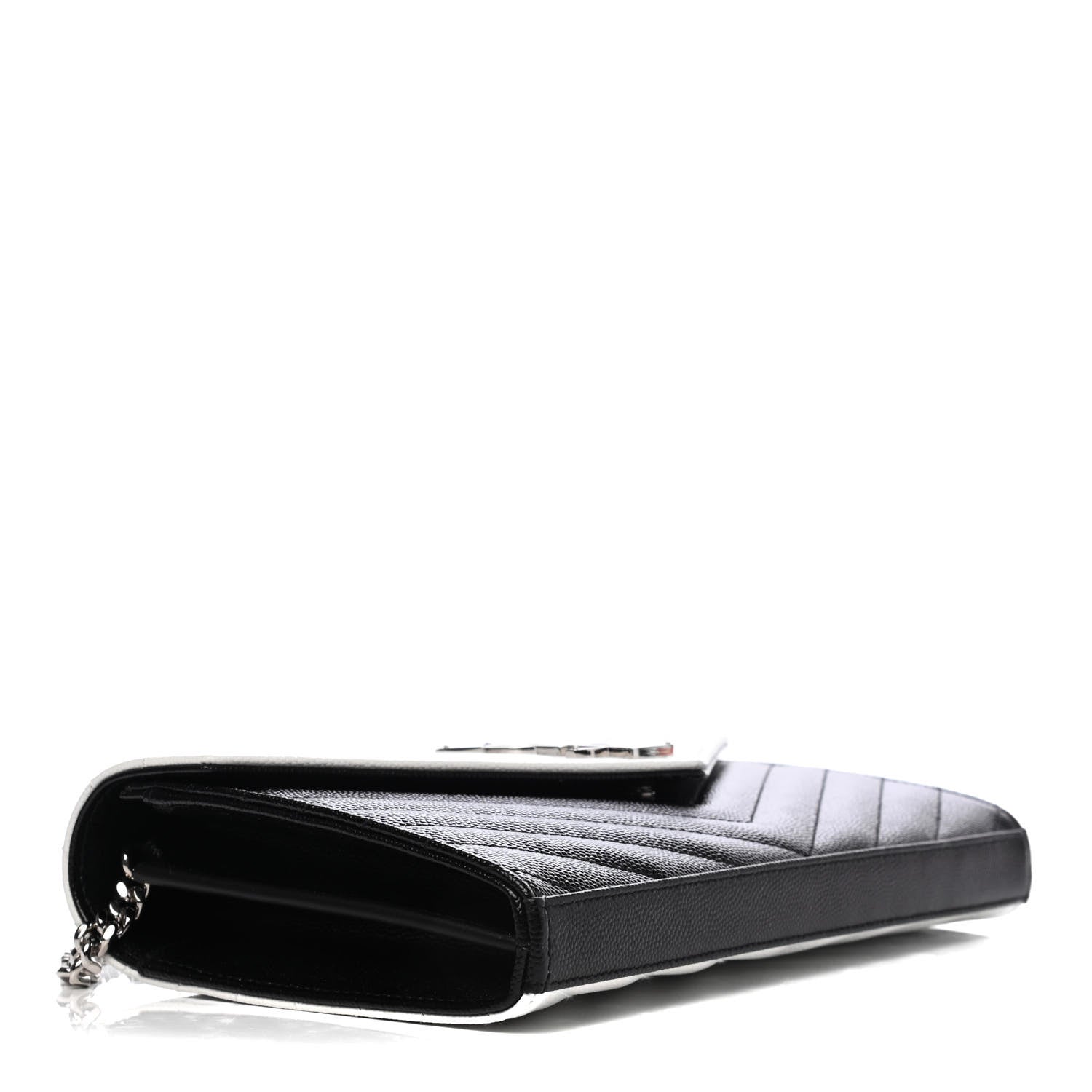 Saint Laurent Grain De Poudre Matelasse Chevron Bi-Color Monogram Chain Wallet White Black 3 of 4