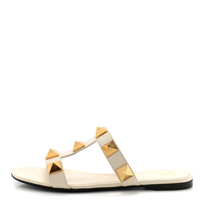 Valentino Garavani Calfskin Roman Stud Flat Slide Sandals 37.5 Light Ivory 1 of 8