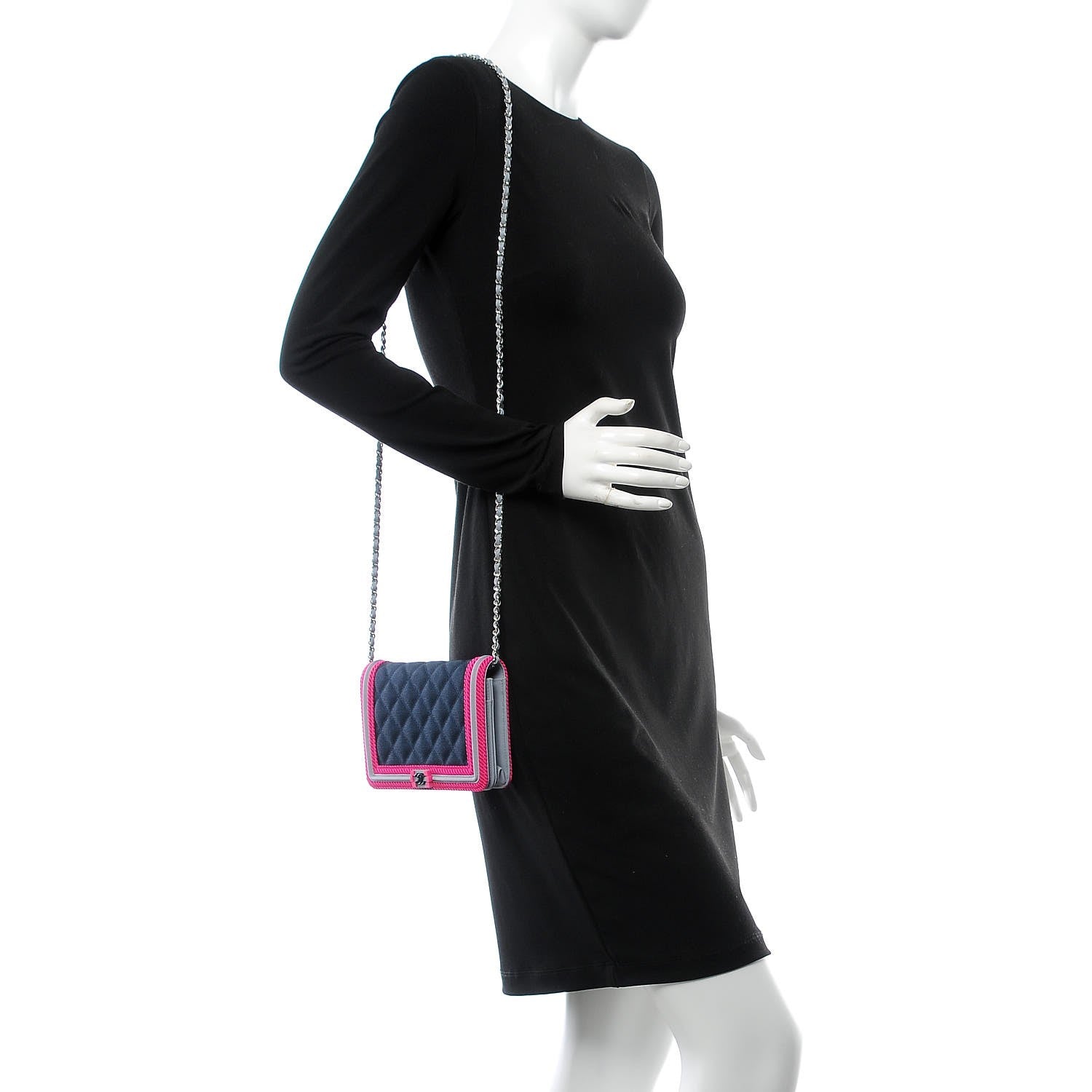 Chanel Canvas Quilted Fluo Boy Wallet On Chain WOC Dark Navy Fuchsia Grey 2 of 9