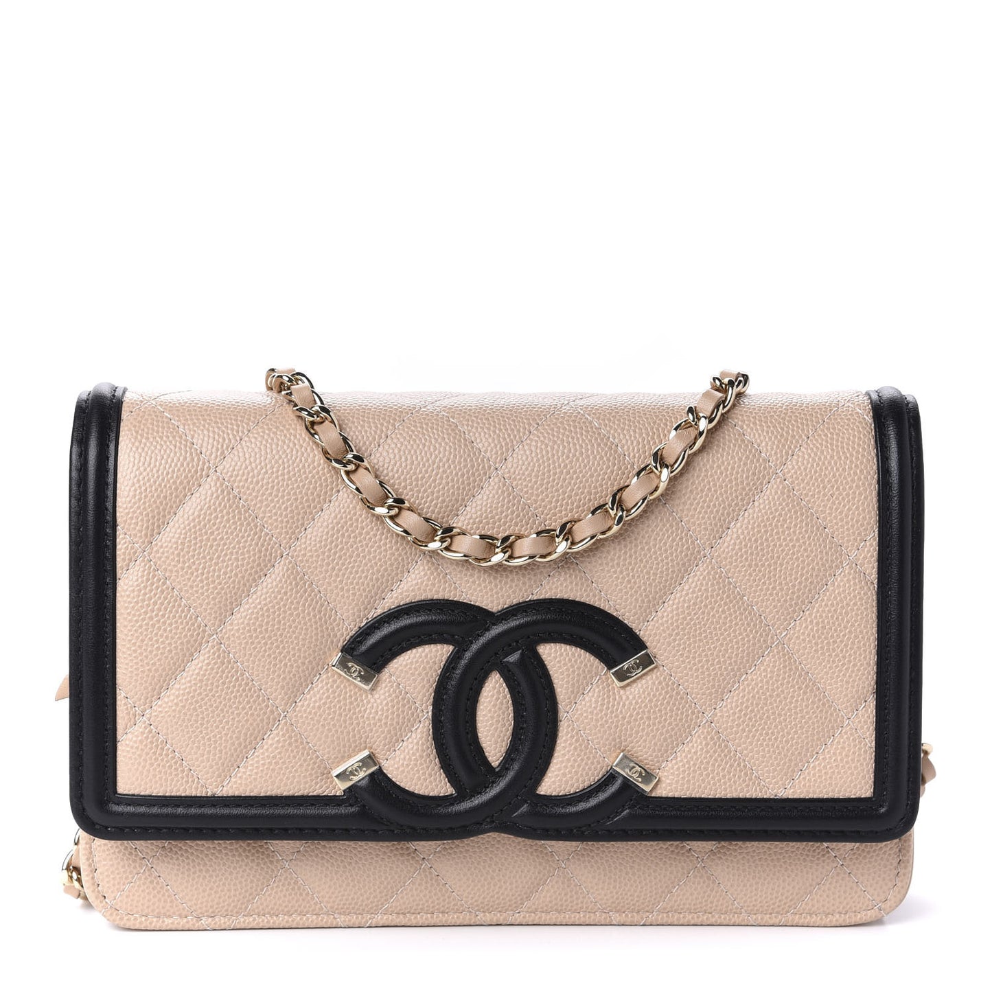 Caviar Quilted CC Filigree Wallet On Chain WOC Beige Black