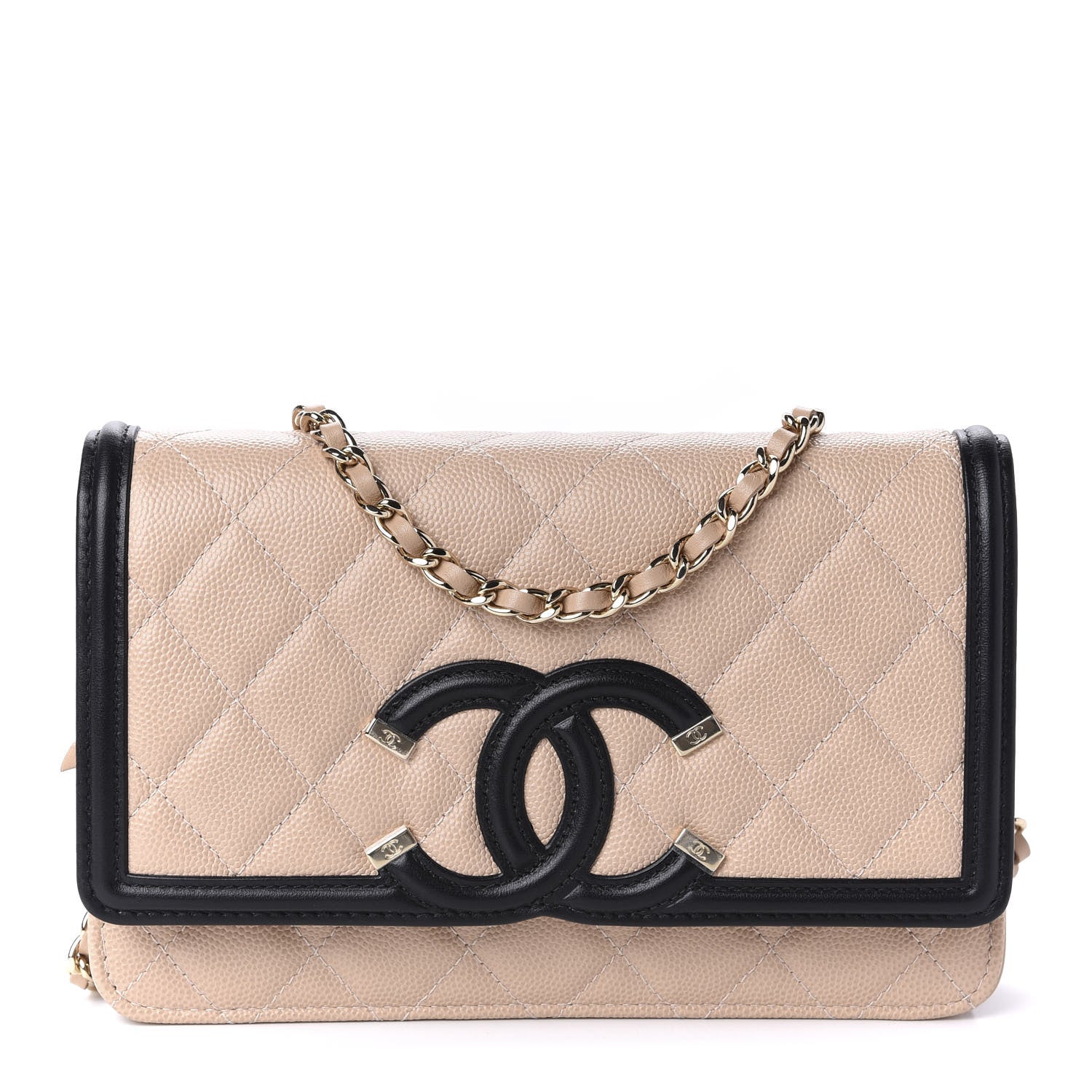 Chanel Caviar Quilted CC Filigree Wallet On Chain WOC Beige Black 1 of 12