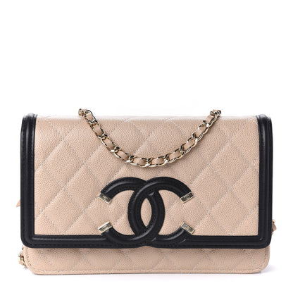 Chanel Caviar Quilted CC Filigree Wallet On Chain WOC Beige Black 1 of 12