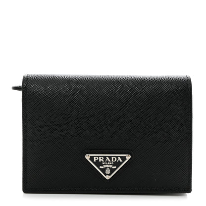 Prada Saffiano Triangle Bi-Fold Card Holder Wallet Black 1 of 6