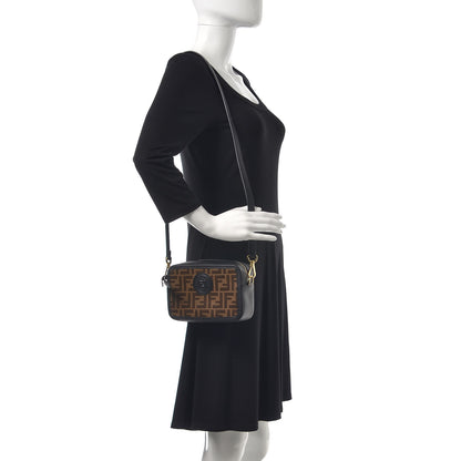 Fendi Glazed Fabric Vitello Century FF 1974 Stamp Patch Mini Camera Case Mogano Panna Black 2 of 9