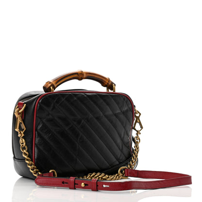 Gucci Vintage Effect Calfskin Matelasse Diagonal Small Torchon GG Marmont Bamboo Top Handle Shoulder Bag Black Romantic Cherry 3 of 10