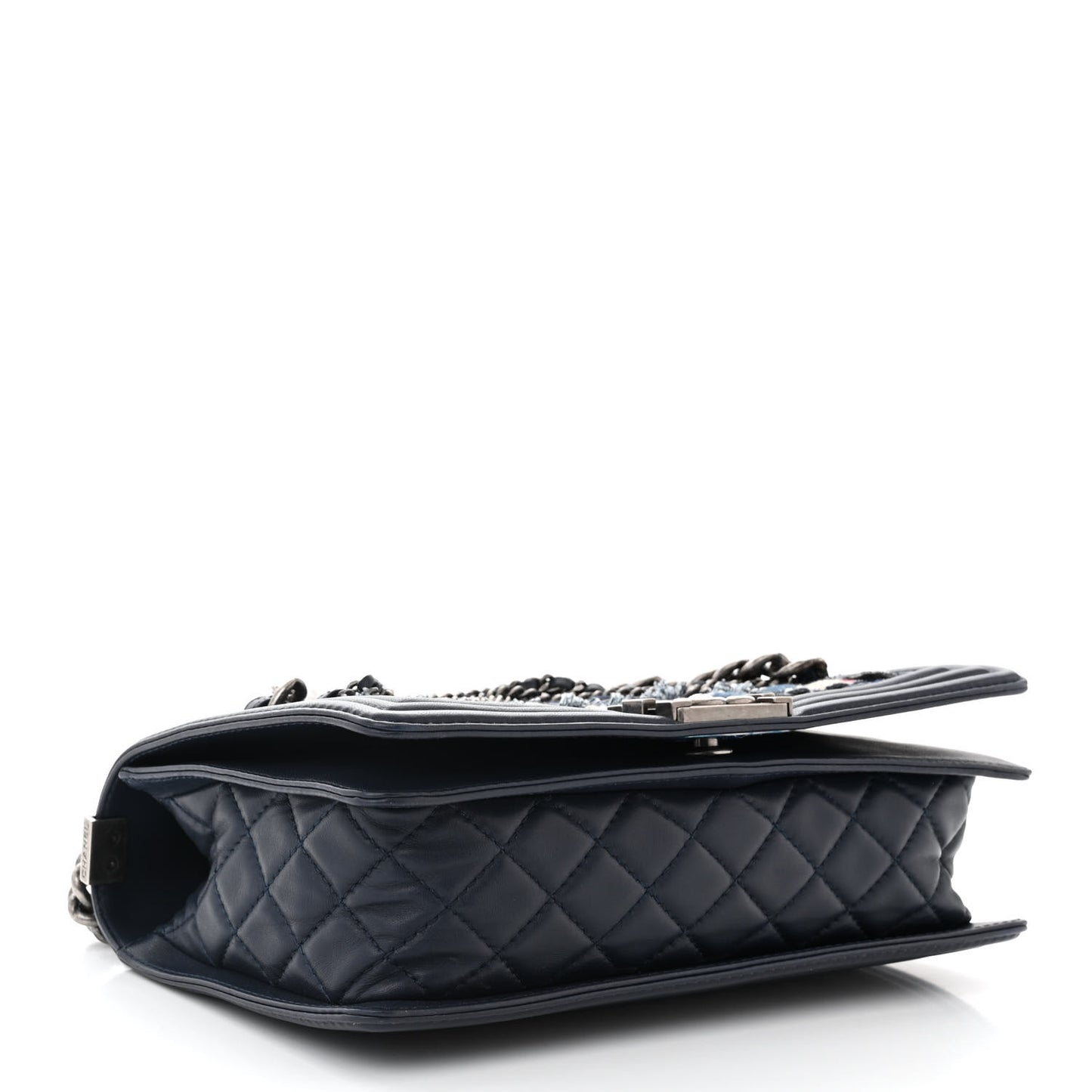 Lambskin Denim Tweed Medium Enchained Boy Flap Navy Blue