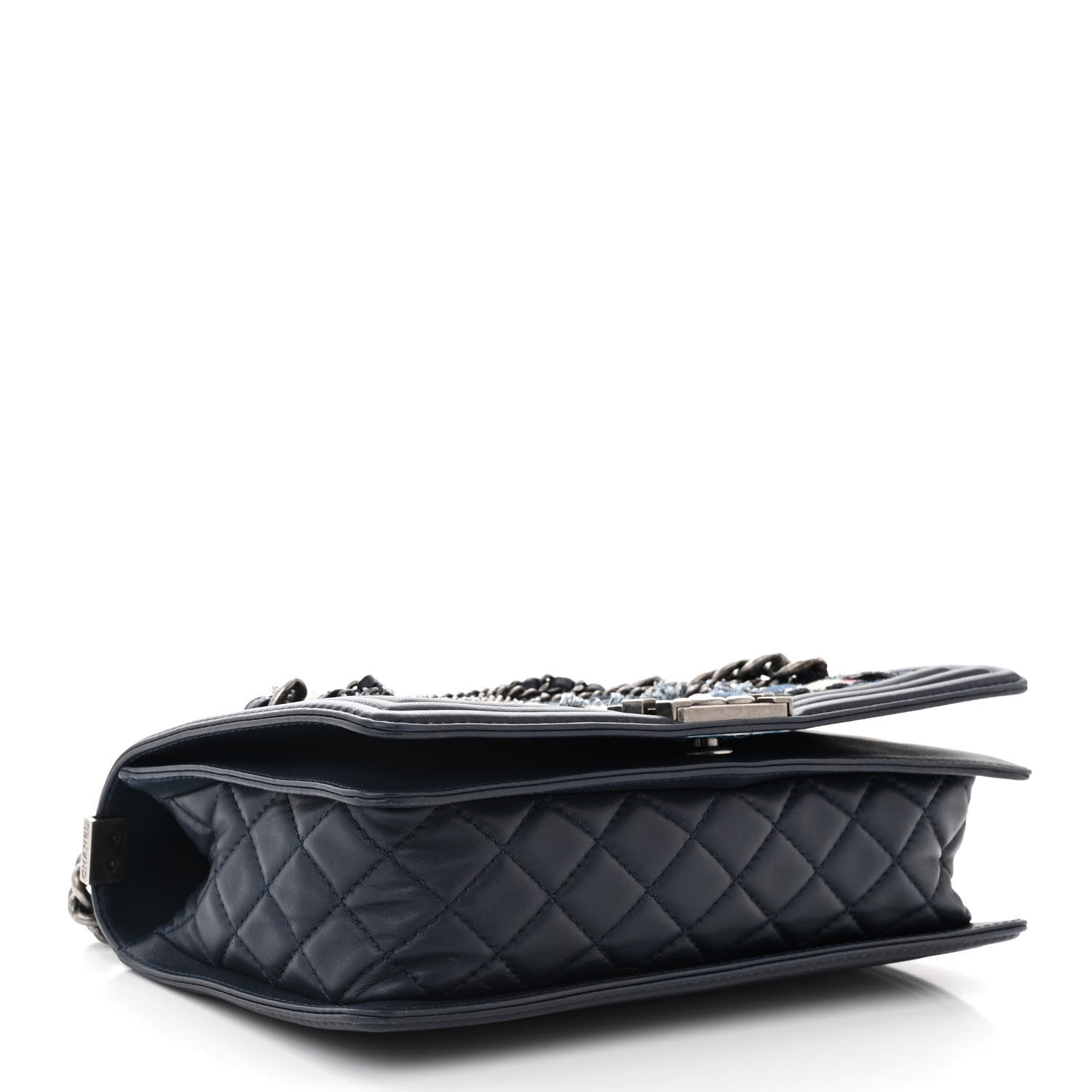 Chanel Lambskin Denim Tweed Medium Enchained Boy Flap Navy Blue 4 of 12