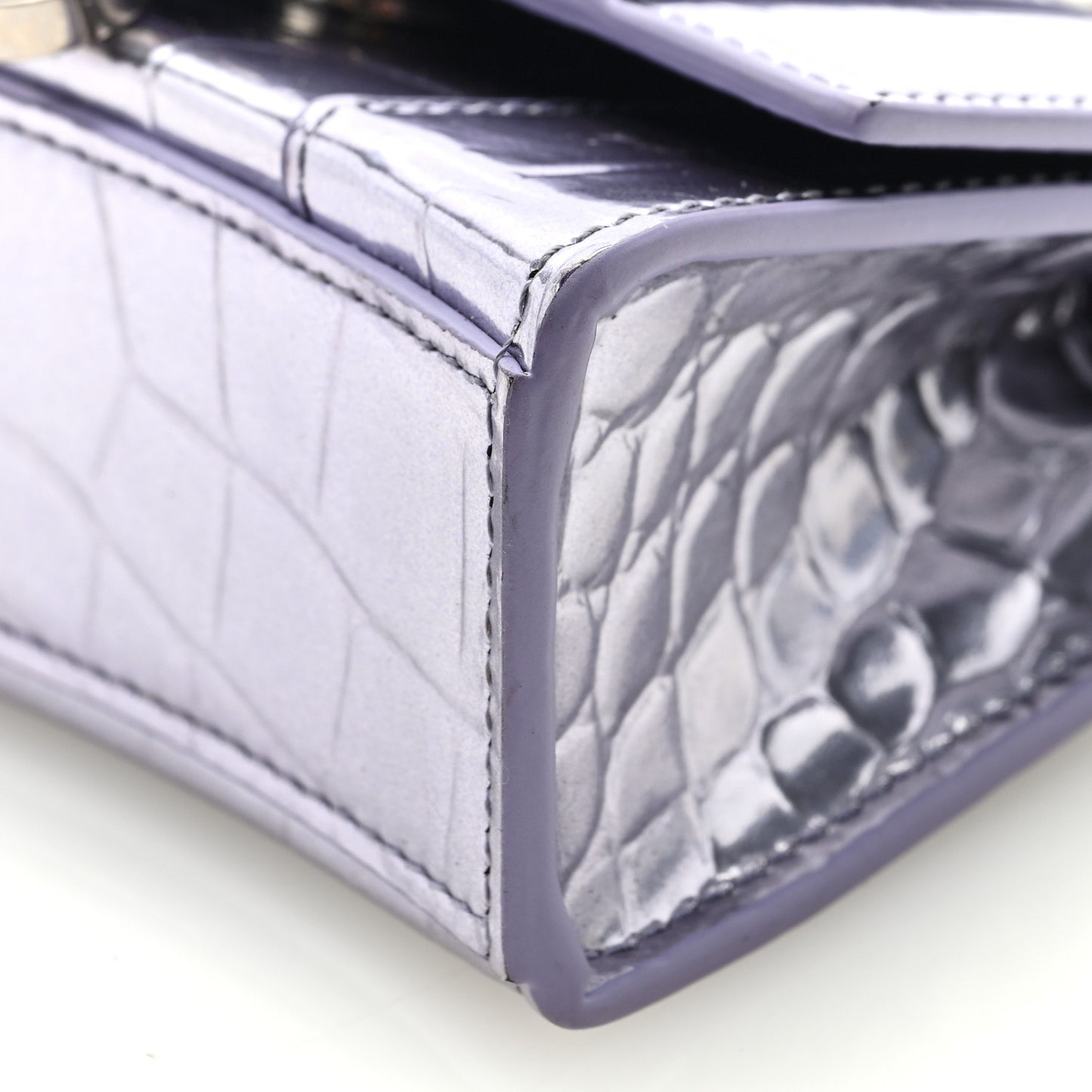 Metallic Calfskin Crocodile Embossed Hourglass Top Handle Bag Mini with Chain Lilac