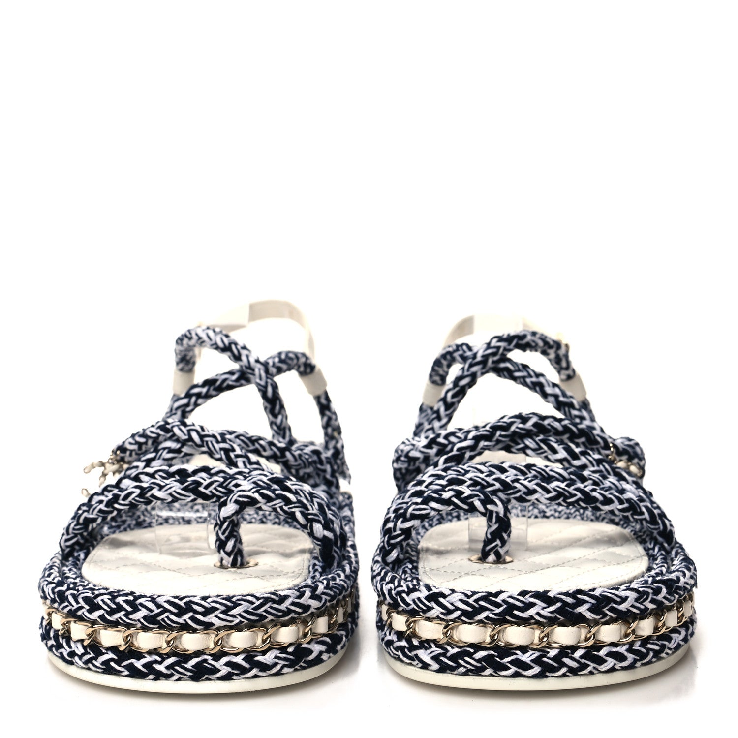 Chanel Cord Lambskin Quilted Logo Sandals 39 Black White 2 of 8
