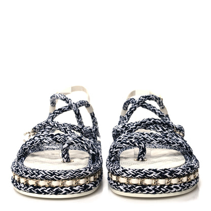 Chanel Cord Lambskin Quilted Logo Sandals 39 Black White 2 of 8
