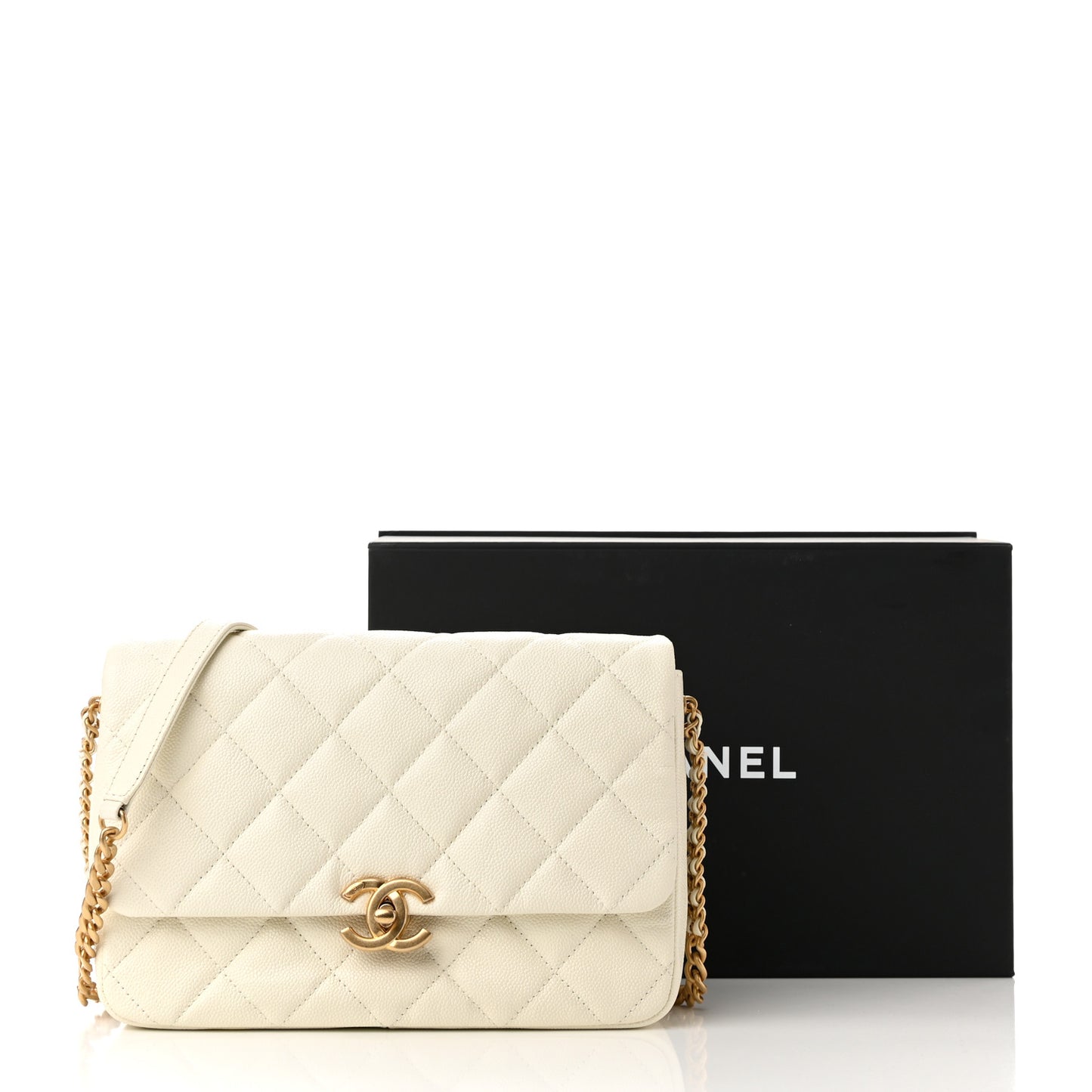Shiny Caviar Quilted Large Chain Melody Flap White