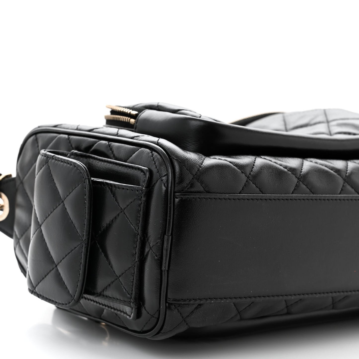Shiny Crumpled Lambskin Quilted Medium Preppy Pocket Camera Case Black