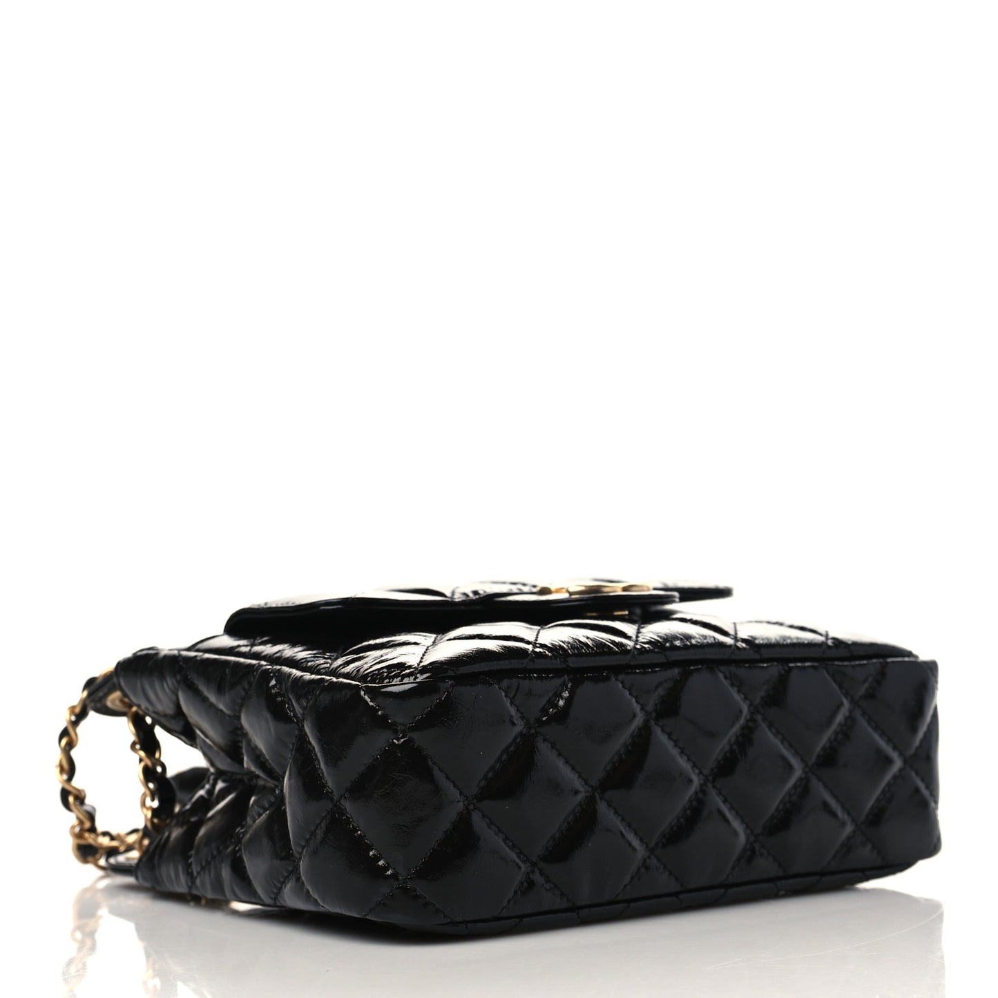 Shiny Crumpled Calfskin Quilted Small Wavy CC Hobo Black