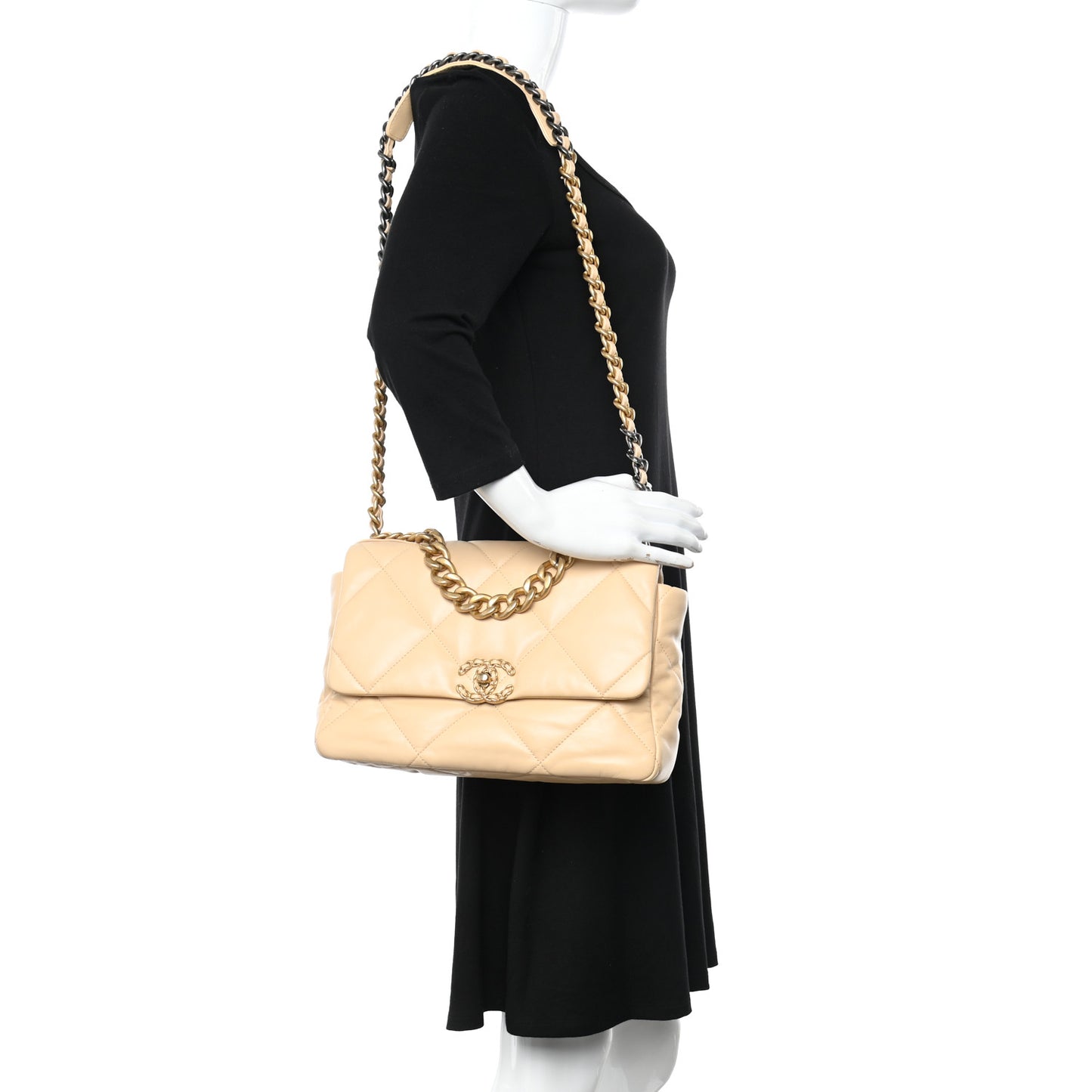 Goatskin Quilted Large Chanel 19 Flap Beige