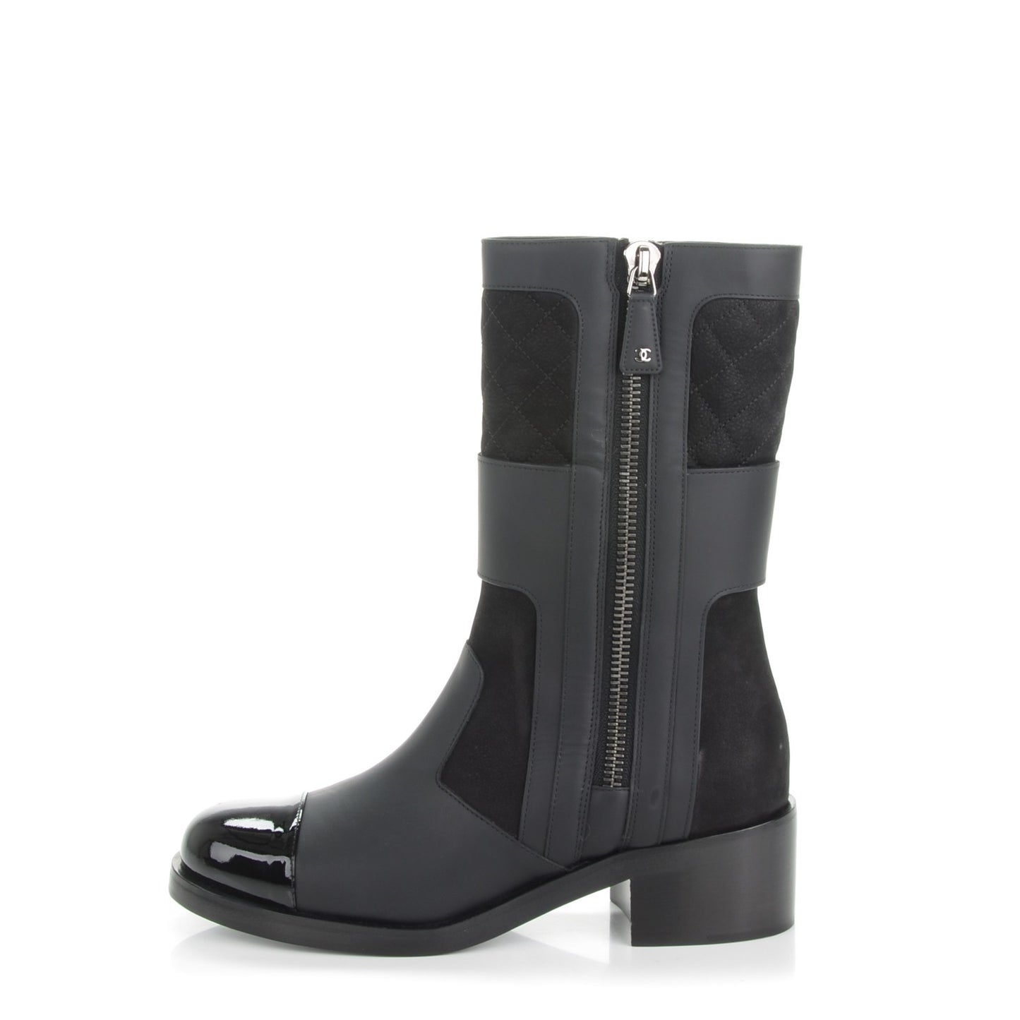 Calfskin Quilted Patent Cap Toe Boots 38.5 Black