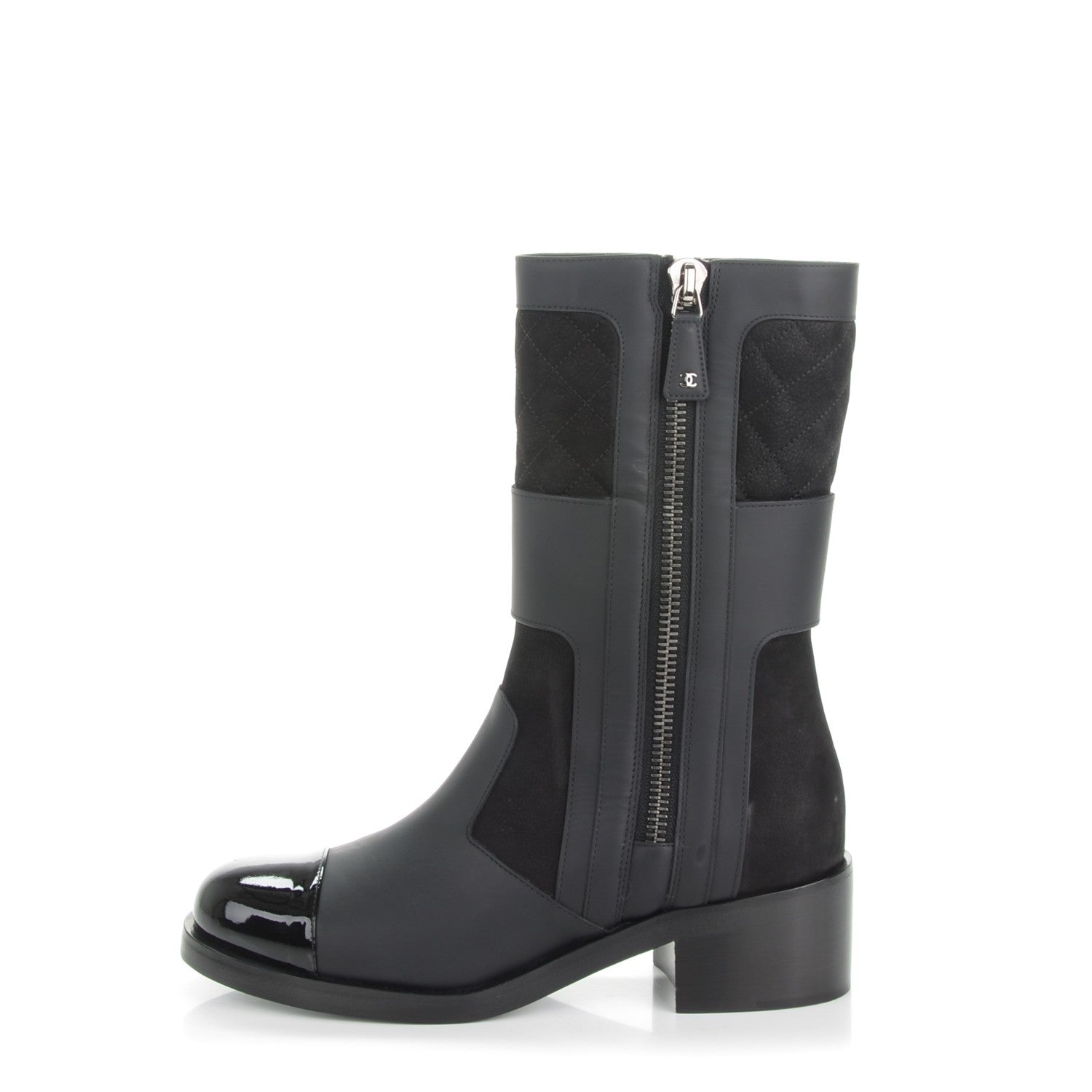 Chanel Calfskin Quilted Patent Cap Toe Boots 38.5 Black 1 of 7