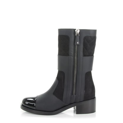 Chanel Calfskin Quilted Patent Cap Toe Boots 38.5 Black 1 of 7