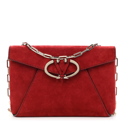 Valentino Garavani Suede V Rivet Chain Clutch Red 1 of 9