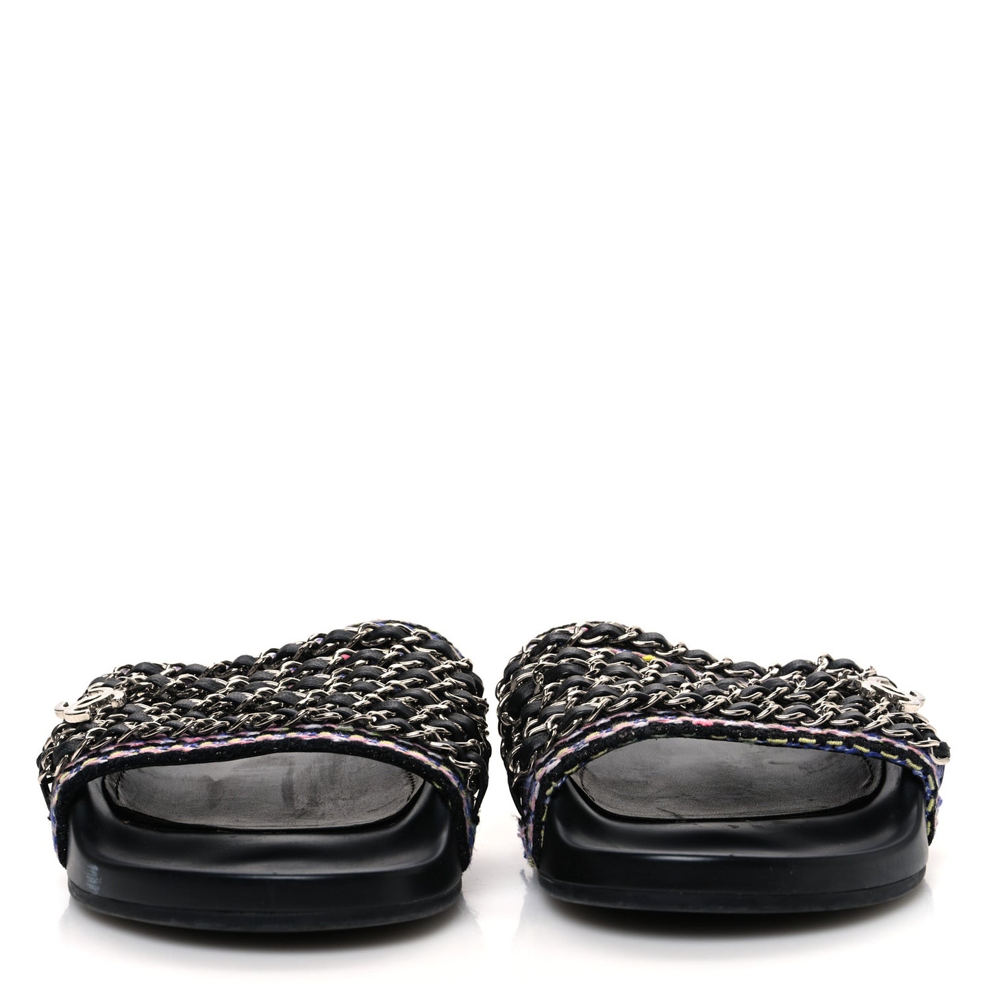 Tweed Lambskin Chain Flat Sandals 37 Black Multicolor